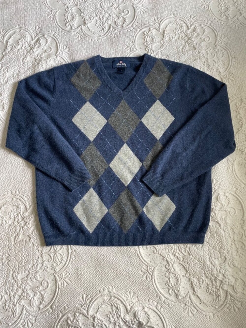 Allen Solly 2 Ply Cashmere Argyle Crewneck Sweater Blue Grey Men's Size XL